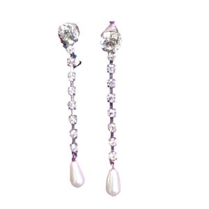 BASIC BEAUTY White Teardrop Faux Pearl Dangling From Diamond-Like Jewels 3"